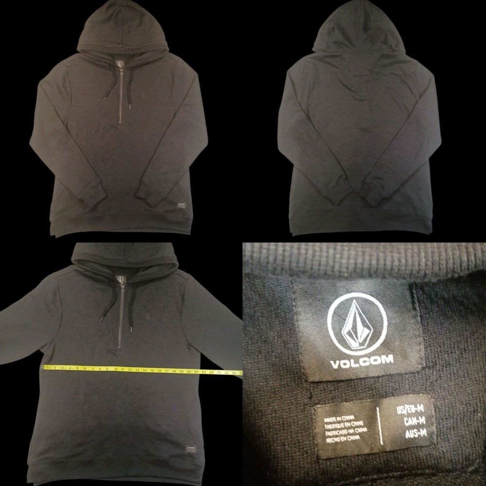 Volcom Black Hoodie Sweatshirt Men Med Heavy Weight 1/4 Zip Drawstring